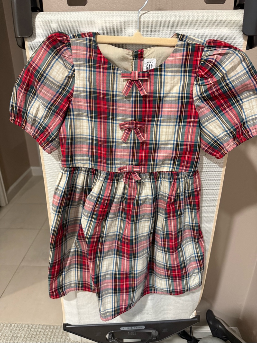 GAP Red and Cream Plaid Puff-Sleeve Dress with Bows